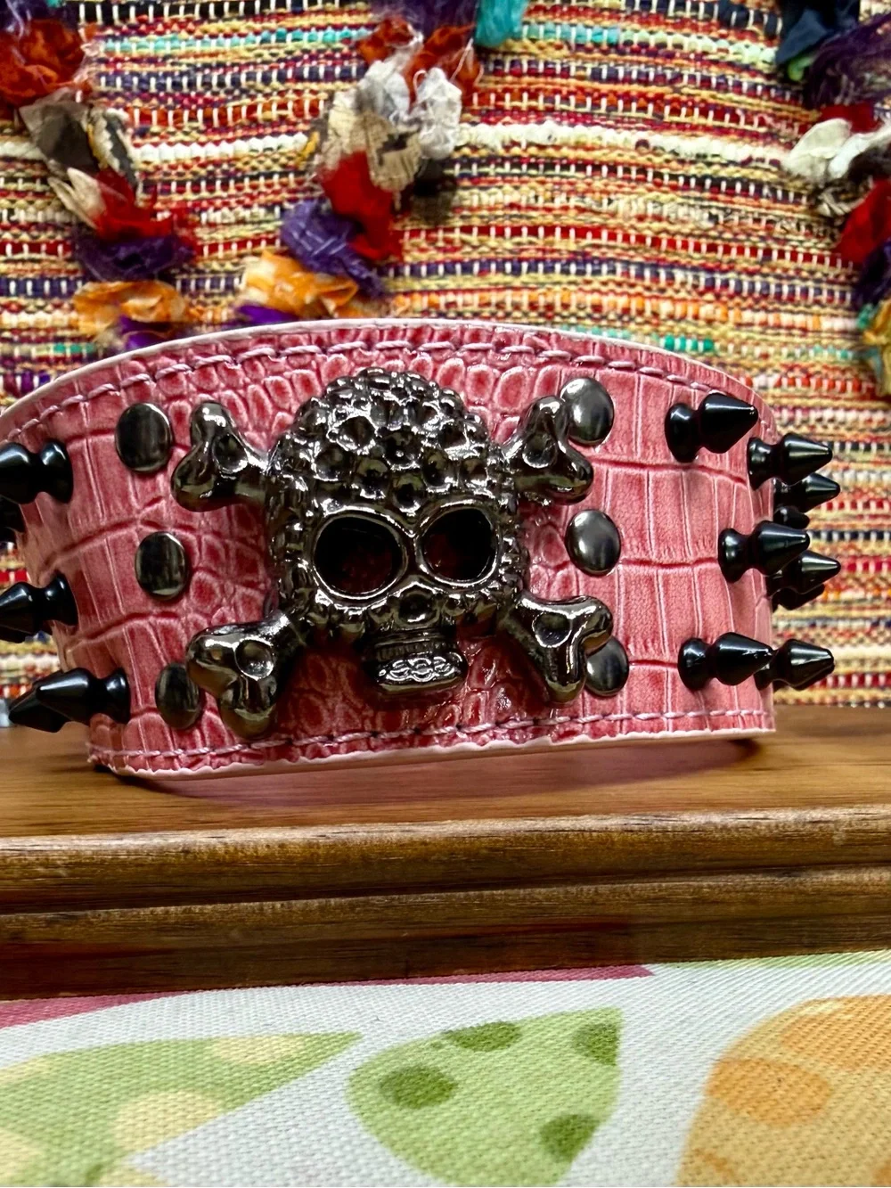Pink Studded Skull Wide Dog Collar with Spike Accent